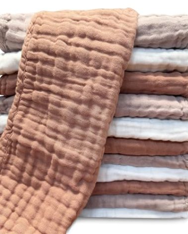 Muslin Burp Cloths for Baby 100% Cotton Burping Cloths for Unisex, Boy, Girl - Large 20'' by 10'' Newborn Essentials Ultra Soft Absorbent Milk Spit Up Rags - 12 Pack - White+Light Bean Paste Series