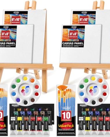 ARTALLY Acrylic Paint Canvas Set, 52-Piece Professional Painting Supplies Kit with 2 Beechwood Easel, 12 Acrylic Paints, 20 Brushes, 4 Canvases, Premium Paint Set for Adults,Students,Artists,Beginners