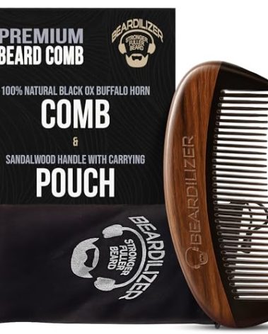 Beardilizer Premium Beard Comb for Men - 100% Natural Black Ox Buffalo Horn & Sandalwood Handle with Carrying Pouch, Professional Anti-Static Fine and Coarse Teeth