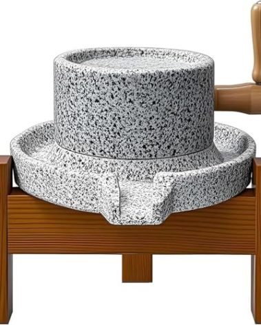 Stone Grain Mill Grinder for Home - Handmade Countertop Wheat & Flour Disk Grinder with Wooden Stand for Bread, Tortillas, Spices