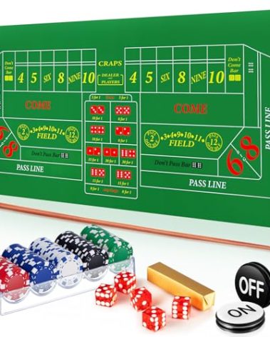 Leyndo Craps Tabletop Game Set, Includes 35" x 70" Rubber Craps Tabletop Layout Mat, 36" Rattan Stick, Casino Grade AAA 19mm Dice, 3 Inch On/Off Buttons and 100 Poker Chips with Case