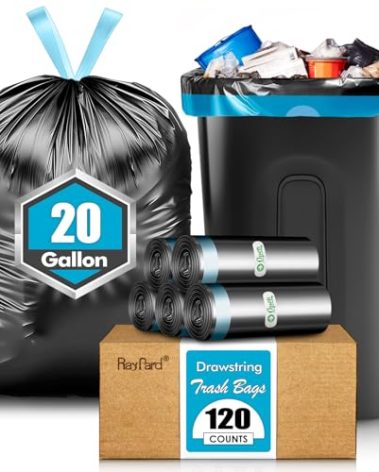 RayPard 20 Gallon Large Drawstring Trash Bags Fit 20-21 Gal, 120 Counts Heavy Duty Tall Kitchen Garbage Liners, Large Trash Bags Size Chart for Home, Office, Outdoor Lawn and Leaf Bags, Black