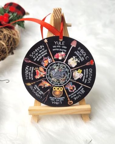 Mondily Wheel of The Year Ornament, Wood Halloween Ornaments for Tree, Witch Decorations Gift for Halloween Christmas