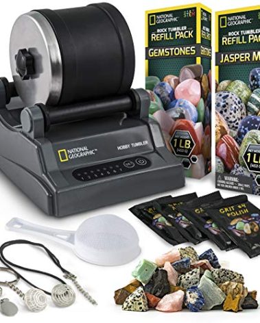 National Geographic Hobby Rock Tumbler Kit - Rock Polisher for Kids & Adults, Noise-Reduced Barrel, Grit, 2.5 Pounds Raw Gemstone & Jasper Mix, Great STEM Hobby Kit