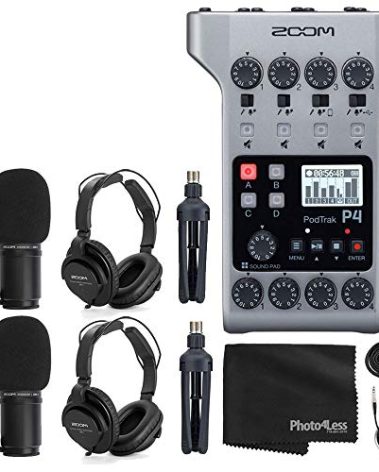 Zoom PodTrak P4 Portable Multitrack Podcast Recorder + 2x Zoom M-1 Mic + 2x Headphones + Windscreens + XLR Cables + 2x Tabletop Stand + Cloth – 2 Person Podcasting Mic Pack Bundle