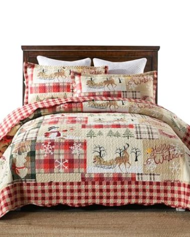 MarCielo 3 Piece Christmas Quilt Set, Rustic Lodge Deer Quilt Bedspread Throw Blanket Lightweight Bedspread Coverlet Comforter Set (Hello Winter, King)