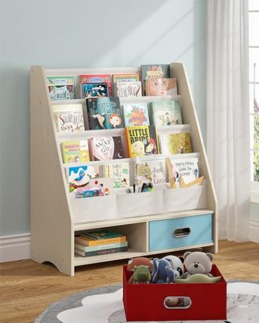 SEIRIONE Sturdy Kids Bookshelf, Tear-Proof Cotton Sling, Eco-Safe Toddler Bookshelf with 2 Cube Bins for Books & Toys, Beige/Wood Texture
