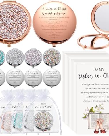 Geetery 10 Set Christian Gifts for Women Lady Mom Church Group Bulk Rhinestone Sisters in Christ Compact Mirrors Pocket Religious Faith Christian Party Favors for Easter Mothers Day(Multicolor)