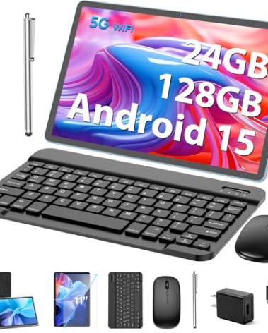 Android Tablet, 11 inch Android 15 Tablet with Keyboard, 24GB+128GB, 1TB Expand, 8000mAh, 5MP+13MP, 2.4G&5G WiFi, IPS Touch Screen, GMS Certified, 2 in 1 Tablets with Case, Mouse, Stylus(Black)