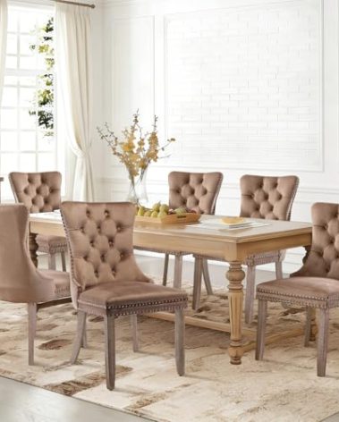 SoarFlash Velvet Dining Chairs Set of 6, Tall Back Side Chair, Modern Upholstered High-end Tufted Side Chair with Button Back Ring, Solid Wood Legs (Khaki)