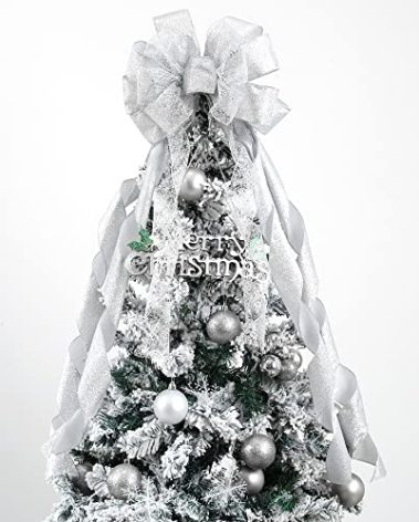 MEEDEE Silver Christmas Tree Topper Silver Glitter Christmas Bows 12" Wide Snowflake Ribbon Bow Silver Christmas Bows Silver Tree Topper Silver Bows for Christmas Tree (1 Pack)