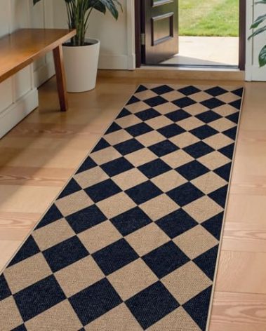 Lahome Checkered Easy Jute Runner Rug, Carpet Runners for Hallway 8ft Washable Rug Non Slip Kitchen Runner, Checkerboard Black Indoor Outdoor Carpet for Entryway