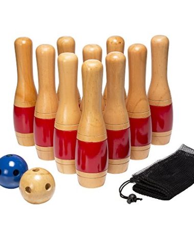 HEY! PLAY! Lawn Bowling Game/Skittle Ball- Indoor and Outdoor Fun for Toddlers, Kids, Adults –10 Wooden Pins, 2 Balls, and Mesh Bag Set (11 Inch), (80-LB11)