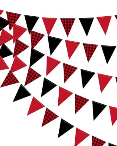 39 Ft Buffalo Plaid Christmas Pennant Banner Black Red Checkered Paper Hanging Triangle Flag Bunting Garland for Birthday Baby Shower Bridal Shower Bachelorette Xmas Holiday Party Decorations Supplies
