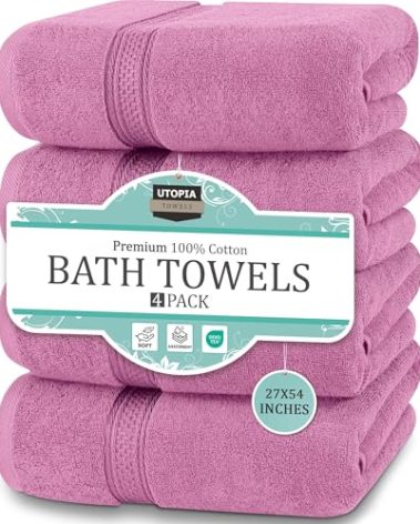 Utopia Towels 4 Pack Premium Bath Towels Set, 27 by 54 Inches, 100% Ring Spun Cotton 600GSM, Lightweight and Highly Absorbent Quick Drying Towels, Perfect for Daily Use, Pink