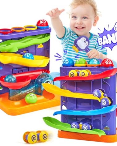 hahaland Toddler Toys for 1 Year Old Boy 2 in 1 Pound Ball Toy & Car Ramp Race Track Learning Early Developmental Montessori Toys for 2 Year Old Christmas Birthday Gifts Stocking Stuffers