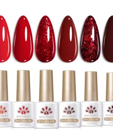 Born Pretty Red Gel Nail Polish Set 6Colors Dark Burgundy Wine Red Bloody Mary Collection Popular Shimmer Glitter Christmas Nail Gel Nails Art Design Minicure DIY Salon and Home 7ml