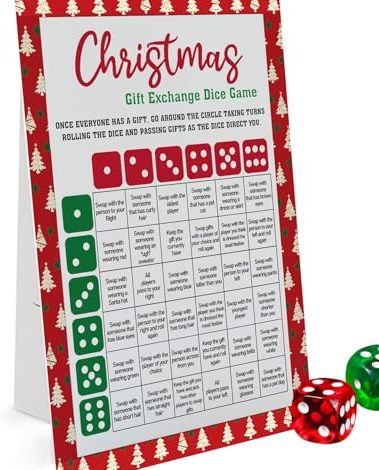 Exchange Dice Game, One Instruction Standing Sign with 2 Dice, Christmas Group Party Game, Xmas Gift Swap Game-SDGE02
