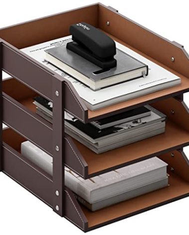 Leather Desk Organizer, Thipoten 3-Tier Stackable Letter Tray Holder for Office Supplies, Paper, File, Magazine, Perfect Office Organization for Desktop (Brown-3Tiers)