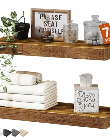 QEEIG Bathroom Floating Shelves for Wall - 15.7" Wall Mounted Shelf Over Toilet Farmhouse Home Decor Display Bookshelf Small 15.7 x 6.7 inch Set of 2, Rustic Brown (008-40BN)