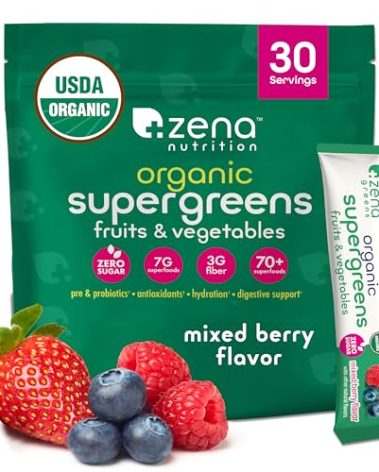 Zena Nutrition Organic Super Greens Powder, 70+ Superfoods, 0 Sugar, 3g Fiber, Spirulina, Chlorella, Mushrooms, Prebiotics/Probiotics, Digestive Enzymes, Gut Health, Mixed Berry, 30 Drink Mix Packets