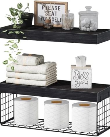 QEEIG Bathroom Shelves Over Toilet - Wall Mounted Floating Shelves Toilet Paper Storage Small Farmhouse Decor Shelf 16 inch Set of 2, Black (019-B2)