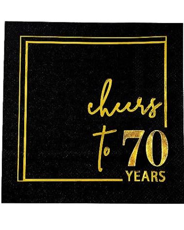Cheers to Years Cocktail Napkins - 50 PK - 3-Ply Birthday Napkins 5x5 Inches Disposable Party Napkins Beverage Paper Napkins or Birthday Decorations Wedding Anniversary Black and Gold (70 Years)