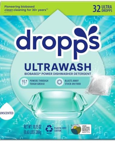 Dropps UltraWash Dishwasher Pods, Unscented (32 Count) - Biobased Power Deep Clean Dishwasher Detergent Tablets for Sparkling Shiny Dishes - No Rinse Aid or Pre-Wash Needed - Dishwashing Pods