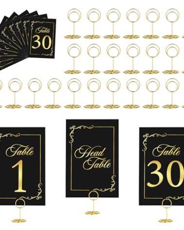 JOYIT Wedding Table Number Set 1-30 with Head Table Card & 31 Gold Holders, Black Gold Place Card Display, 4x6 Inch Table Numbers for Wedding Reception, Banquet, Anniversary Decor