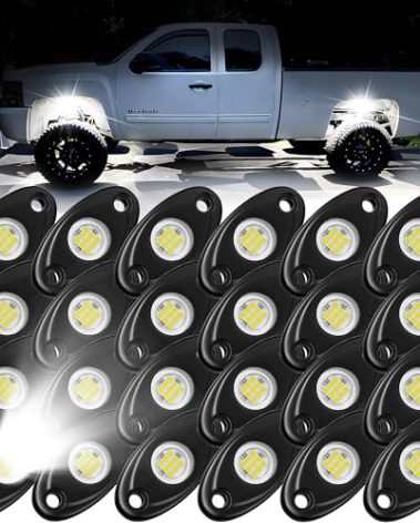 24 Pods White Rock Lights, Heefrole IP68 Waterproof Shakeproof Wide Angle Anti-Corrosion Pure White LED Rock Lights for Trucks Jeep UTV ATV SUV Boat Underglow Lighting Kit