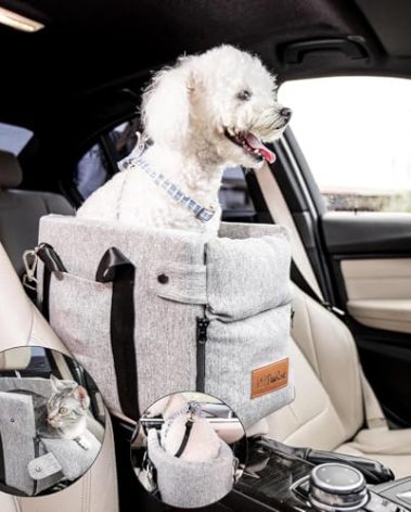 Pawseat Center Console Dog Car Seat for Small Dogs and Puppies 5-13Lbs, Ideal Armrest Booster Car Travel Seat with Safety Protection Seat Belts, Storage Pockets - Reduces Anxiety (Woven - Grey)