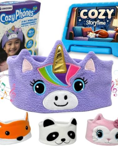 Toddler Headphones Wireless, Kids Bluetooth Earphones, Safe Volume - Wired School Headphones for Kids with 3.5 MM Jack and Travel Bag - Toddler Airplane Accessories for Boys & Girls - Purple Unicorn