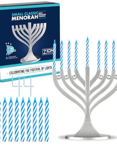 Zion Judaica Mini Classic Menorah with Mini Birthday Size Hanukkah Candles - Satin Silver Small Travel Minorah with 44 Blue and White Spiral Chanukah Candles - On The Go Hanukkiah Cute Hanukkah Gift