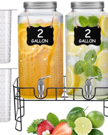 FillTouch 2 Pack 2 Gallon Glass Drink Dispenser Glass Beverage Dispenser with Stand Spigot and Filter Leakproof Water Jar Clear Iced Drink Jug for Parties Juice Lemonade Picnics Fridge