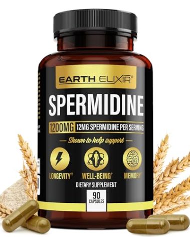 Earth Elixir Spermidine Supplements 1200mg (90 Capsules) – Anti Aging - 3rd Party Tested (12mg Spermidine Powder) Max Purity - 100% Pure Espermidina- Fermented Wheat Germ Extract - NMN Alternative