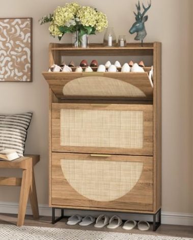 Maupvit Rattan Shoe Storage Cabinet with 3 Flip Drawers, Freestanding Shoe Organizer with Metal Legs for Entryway, Hidden Golden Handles, Narrow Shoe Rack Cabinet, Rustic Oak Rattan