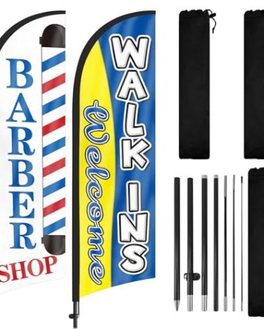 Barber Flag, Walk Ins Welcome Feather Flags with Pole Kit, Barbershop Flag with Pole Set, 8Ft Advertising Swooper Feather Flag Banner Sign for Barber Shop Business 2Pack
