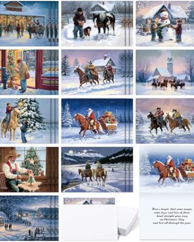 Gersoniel 36 Pcs Christmas Cowboy Horses Cards with Envelopes Winter Holiday Horses Card Bulk Xmas Horse and Tree in Winter Cards for Country Christmas Party Friends(Classic)