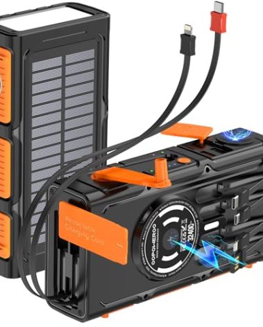 OOPOWEROO Solar Power Bank 32400mAh 10 Outputs & 6 Inputs 15W Magnetic & Apple Watch Wireless Charger with 2 Retractable Cables, 22.5W Fast Charging & Hand Crank, Flashlights