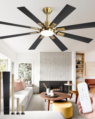 ZMISHIBO 62 Inch Black and Gold Ceiling Fans with Lights and Remote, Indoor/Outdoor Ceiling Fan for Patio Living Room, 6 Speed Reversible Quiet DC Motor, 3 CCT, Dual Finish Blades