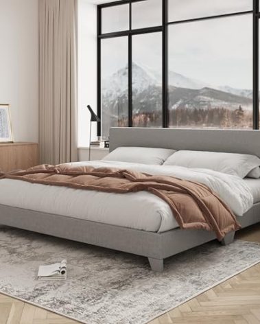 Allewie King Size Platform Bed Frame with Adjustable Upholstered Headboard, Strong Wood Slats, Heavy Duty Mattress Foundation, No Box Spring Needed, Noise-Free, Easy Assembly, Light Grey
