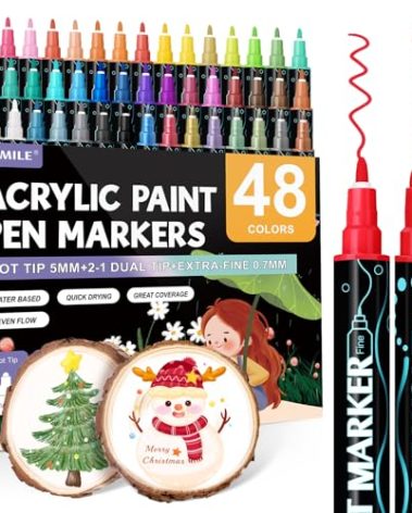 FUMILE 48 Colors Acrylic Paint Marker Dual Tip(Fine and Dot Tip), Paint Pens Acrylic Markers for Wood, Rock, Plastic, Glass, Ceramic, Canvas.Acrylic Markers Set for DIY Christmas Card and Art