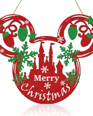 Christmas Door Decorations Mouse Shaped Wooden Xmas Wreaths Holiday Home Décor for Walls,Merry Christmas Welcome Sign for Front Door Windows,Party Supplies Indoor Outdoor