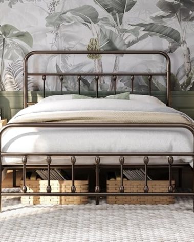Yaheetech Classic Metal Platform Bed Frame Mattress Foundation with Victorian Style Iron-Art Headboard/Footboard/Under Bed Storage/No Box Spring Needed/Queen Size Bronze