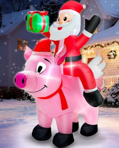 6 Ft Christmas Inflatable Outdoor Decoration, Blow Up Santa Claus Riding Flying Pig with Built in LEDs Lights,Christmas Inflatables with Gift Box for Farm Yard Garden Lawn Outside Indoor Holiday Party