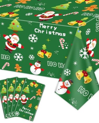 PTECDROTS 4Pcs Rectangular Christmas Tablecloths - Green Xmas Table Cover for Winter Holiday, New Year & Christmas Party Supplies, 51 x 86in