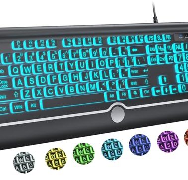 KOPJIPPOM Large Print Backlit Computer Keyboard, USB Full Size Wired Keyboards with 7-Colors Backlight, Wrist Rest, Light Up Keyboard for Windows, PC, Laptop - Easy to See, Easy to Setup