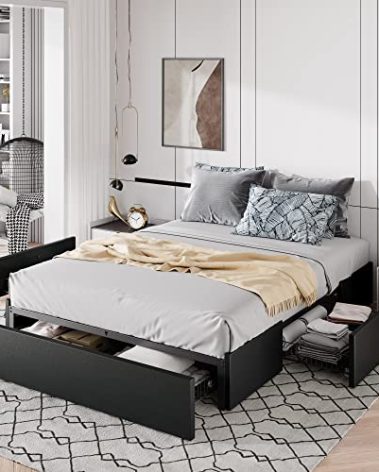 Allewie Full Size Platform Bed Frame with 3 Storage Drawers, Faux Leather Upholstered, Wooden Slats Support, No Box Spring Needed, Easy Assembly, Black