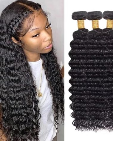 Human Hair Bundles Deep Wave 22 24 26 Inch Curly Bundle Human Hair 100% Unprocessed Brazilian Virgin Hair 3 Bundles for Women Wet and Wavy Hair Bundle Weave Extensions Natural Black