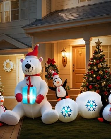 8FT Long Giant Inflatable Christmas Decorations Cute Polar Bear Penguin Combo，Holiday Decor with LED Lights, Ideal for Outdoor and Indoor Decor for Lawn, Garden, terraces,Xmas Holiday Party New Year